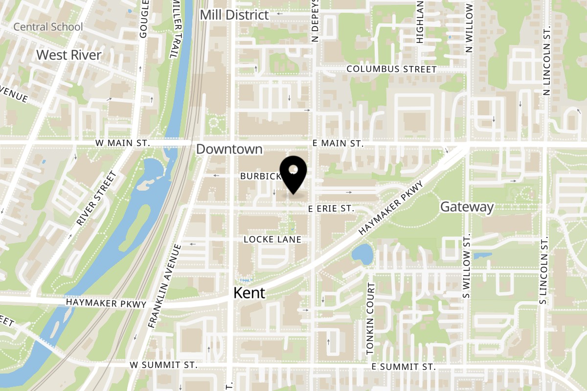 Map showing the location of Laziza on 195 E Erie St in Kent